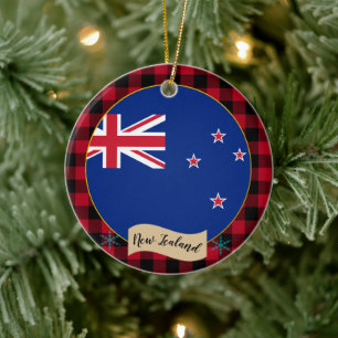 Neuseeland, Rotes Büffel kariert & Neuseeland Flag Keramik Ornament
