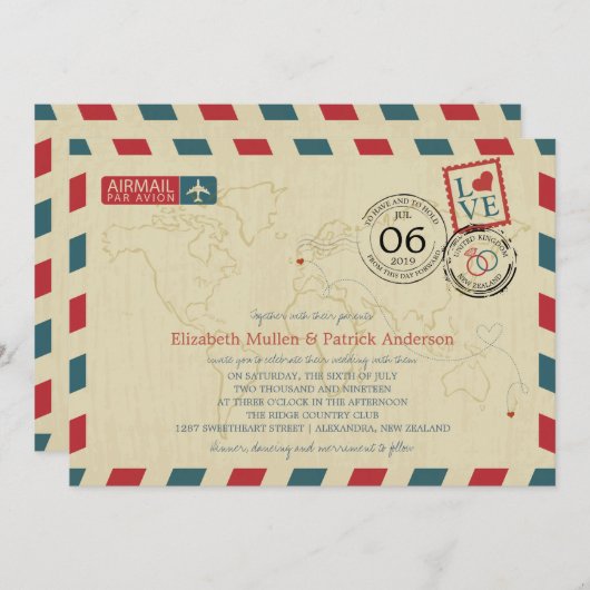 Neuseeland / UK Antiairmail | Hochzeit Einladung (Vorne/Hinten)