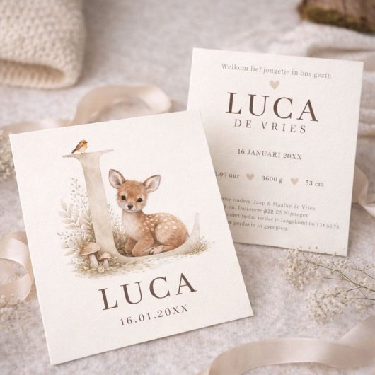 Neutraal geboortekaartje hertje monogram L  Karte