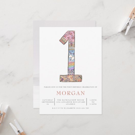 Neutral 1. Geburtstag Boho Hearts Party Einladung (Vorderseite/Rückseite Beispiel)