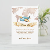 Neutral Adventure World Map Airplane Baby Shower  Dankeskarte (Stehend Vorderseite)