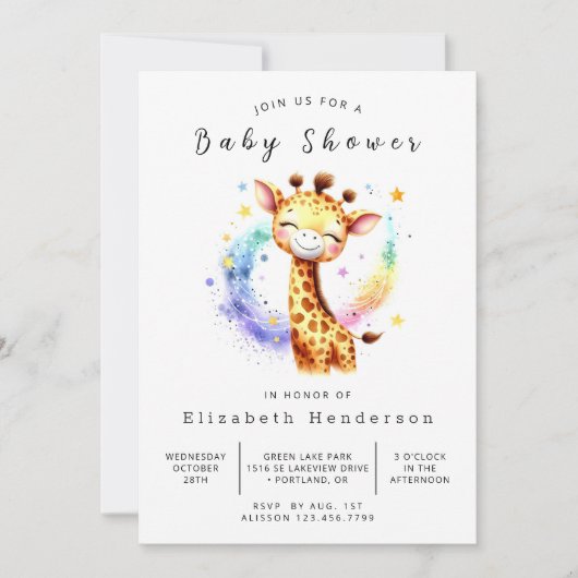 Neutral aufbereitbare Giraffe Babydusche Einladung (Vorderseite)