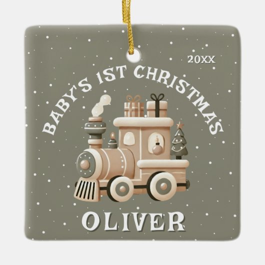 Neutral Baby’s 1st Christmas Train Keepsake Photo Keramikornament (Vorderseite)