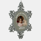 Neutral Baby’s 1st Christmas Train Keepsake Photo Schneeflocken Zinn-Ornament (Links)