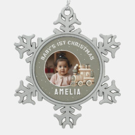 Neutral Baby’s 1st Christmas Train Keepsake Photo Schneeflocken Zinn-Ornament