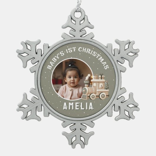 Neutral Baby’s 1st Christmas Train Keepsake Photo Schneeflocken Zinn-Ornament (Vorderseite)