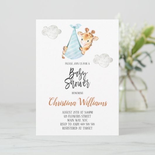 Neutral Baby Shower Giraffe Cub Minimal Niedlich Einladung (Stehend Vorderseite)