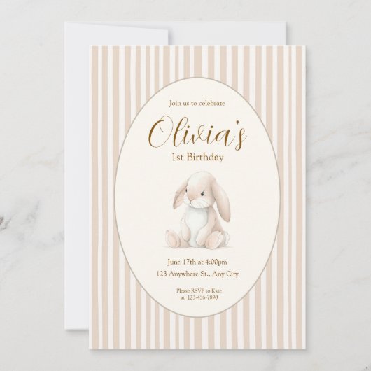 Neutral Baby's First Birthday Bunny Invitation Einladung (Vorderseite)