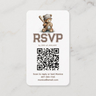 Neutral Baseball Teddy Bear Baby Shower QR RSVP  Begleitkarte
