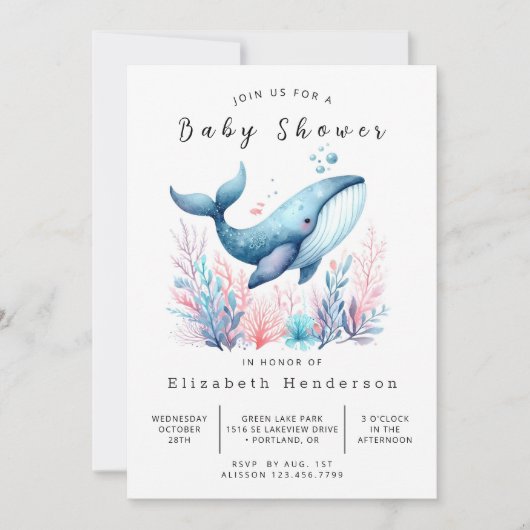 Neutral bearbeitbare Whale-Babydusche Einladung (Vorderseite)