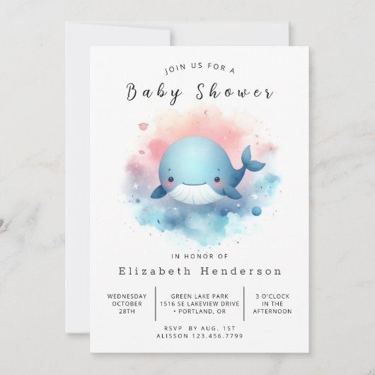 Neutral bearbeitbare Whale-Babydusche Einladung (Vorderseite)