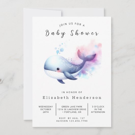 Neutral bearbeitbare Whale-Babydusche Einladung (Vorderseite)