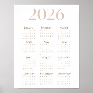 Neutral Beige 2026 Kalender Minimalist Einseitig Poster