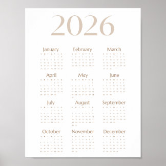 Neutral Beige 2026 Kalender Minimalist Einseitig Poster