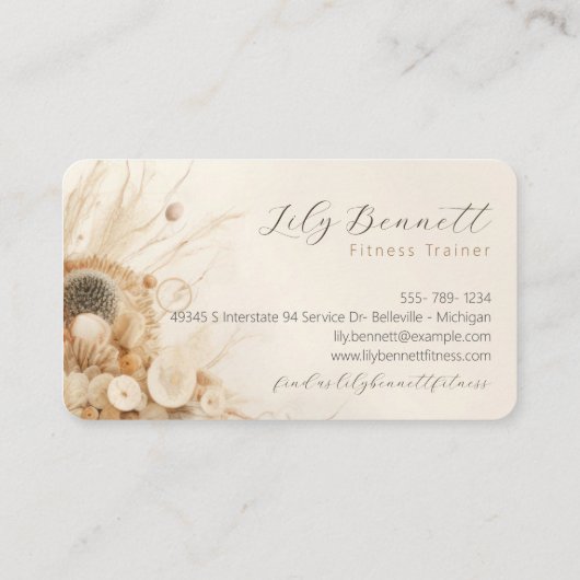 Neutral Beige Abstrakt Dried Blume Boho Script Visitenkarte (Rückseite)