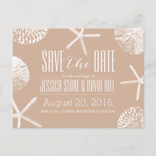 Neutral Beige Beach Theme Seashells Save the Date Ankündigungspostkarte (Vorderseite)