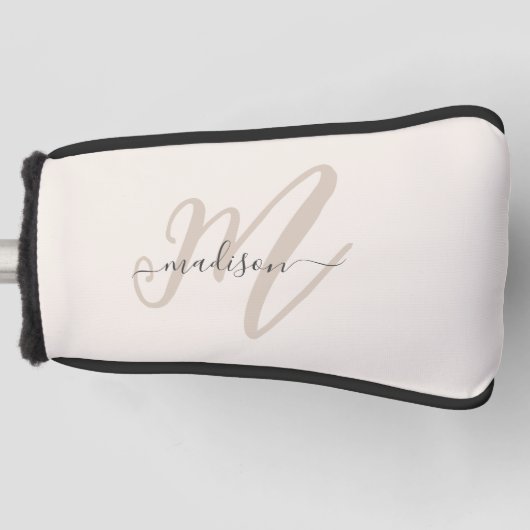 Neutral Beige fette Script Monogram und Name Golf Headcover (Vorderseite)