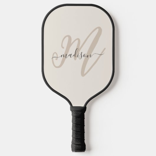Neutral Beige fette Script Monogram und Name Pickleball Schläger (Vorderseite)