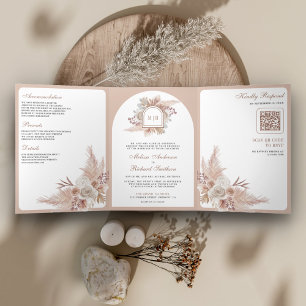 Neutral Beige Floral Boho Pampas QR Code Hochzeit Dreifach Gefaltete Einladung