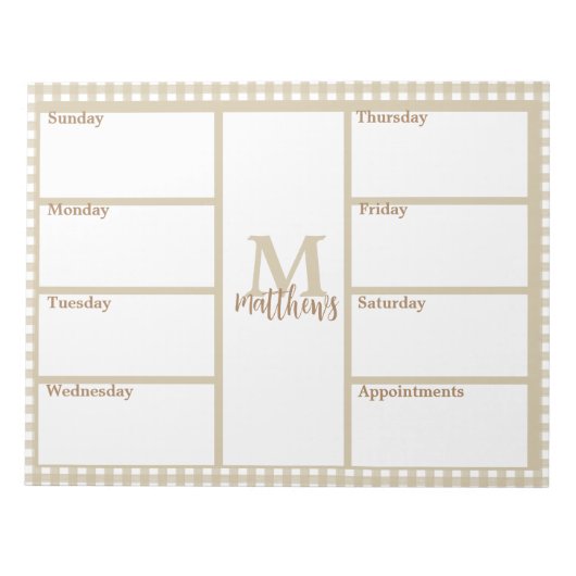 Neutral Beige Gingham Kariert Weekend Planner Note Notizblock (Vorderseite)