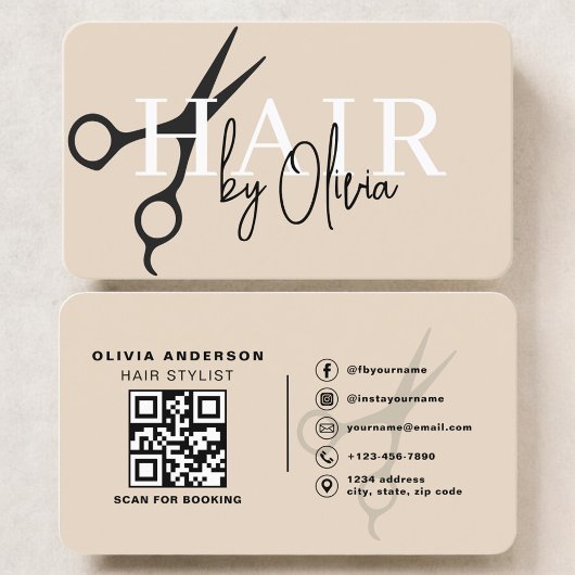 Neutral Beige Hair Stylist Scissors QR Code Visitenkarte