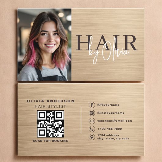 Neutral Beige Metallic Haarstylist Foto QR Code Visitenkarte