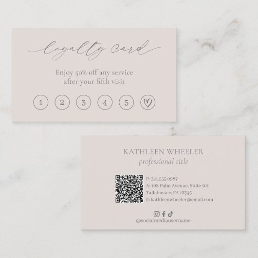 Neutral Beige Minimal Herzklettern QR Code Elegant Treuekarte (Vorne/Hinten)