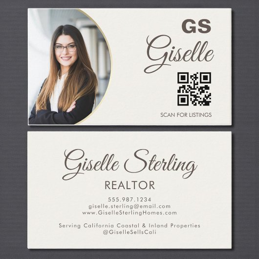 Neutral Beige Photo Monogram Realtor QR Code Visitenkarte