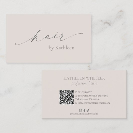 Neutral Beige QR Code Eleganter Haar Stylist Moder Visitenkarte (Vorne/Hinten)