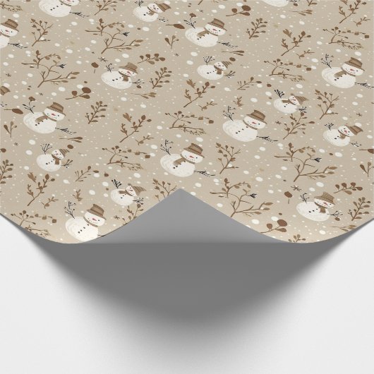 Neutral Beige Snowman Muster W/Snow und Twigs Geschenkpapier (Ecke)