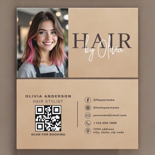 Neutral Beige Suede Hair Stylist Photo QR Code Visitenkarte