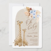 Neutral Blue Pampas Grass Giraffe Babydusche Einladung (Vorderseite)