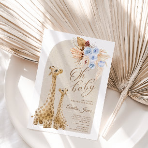 Neutral Blue Pampas Grass Giraffe Babydusche Einladung