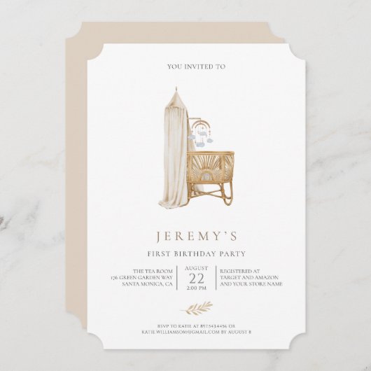 Neutral Boho Baby First Geburtstag Einladung (Vorne/Hinten)