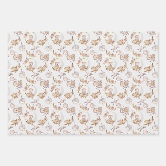 Neutral Boho Bear Moon Babydusche Geschenkpapier Set (Vorderseite)