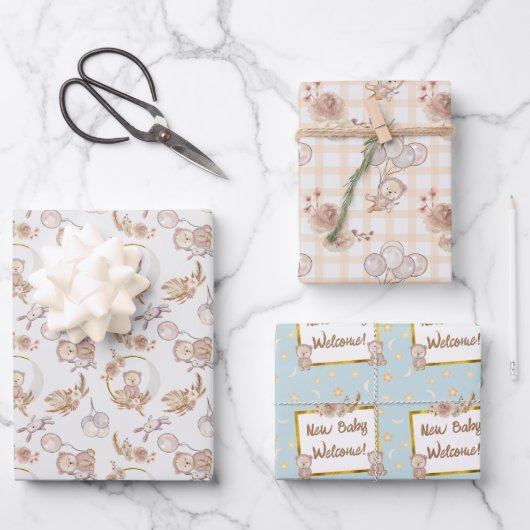 Neutral Boho Bear Moon Babydusche Geschenkpapier Set (Vorderseite)