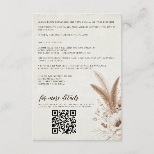 Neutral Boho Floral mit QR Code & Details Hochzeit Begleitkarte (Vorderseite)
