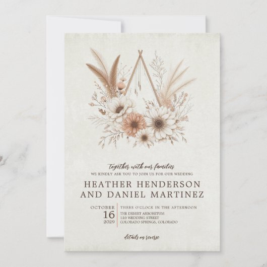 Neutral Boho Floral mit QR Code & Details Hochzeit Einladung (Vorderseite)