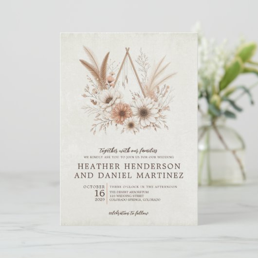 Neutral Boho Floral Wedding Einladung (Stehend Vorderseite)
