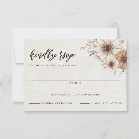 Neutral Boho Floral Wedding RSVP Karte (Vorderseite)