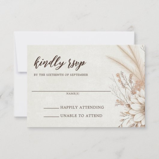 Neutral Boho Floral Wedding RSVP Karte (Vorderseite)