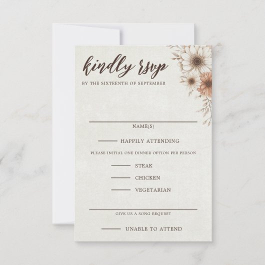 Neutral Boho Floral Wedding RSVP Karte (Vorderseite)