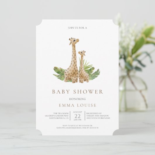 Neutral Boho Giraffe Kinderdusche Einladung (Stehend Vorderseite)