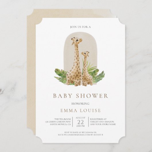 Neutral Boho Giraffe Kinderdusche Einladung (Vorne/Hinten)