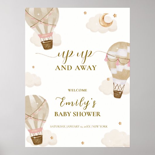 Neutral Boho Hot Air Ballon Babydusche Willkommen Poster (Vorne)