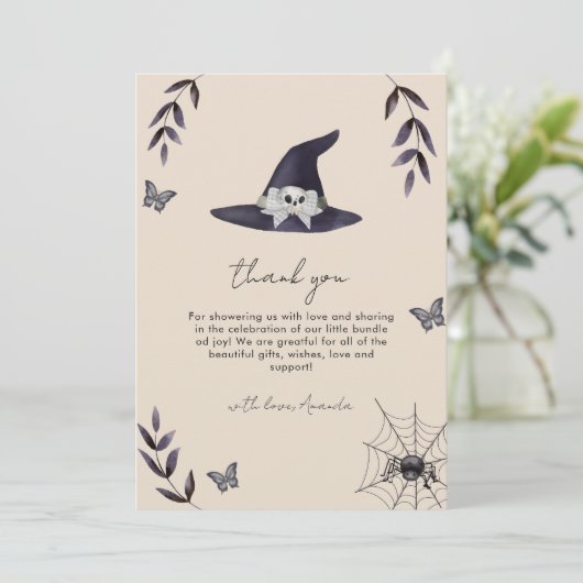 Neutral Boho Little Boo Witch Hat Baby Shower Dankeskarte (Stehend Vorderseite)