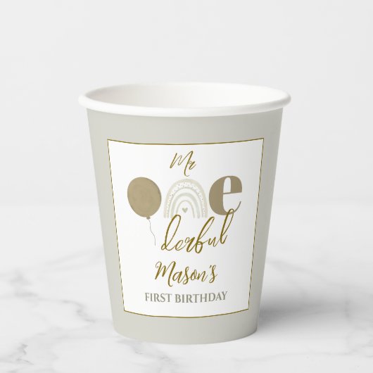 Neutral Boho Mr Onederful First Birthday Party Pappbecher (Vorderseite)
