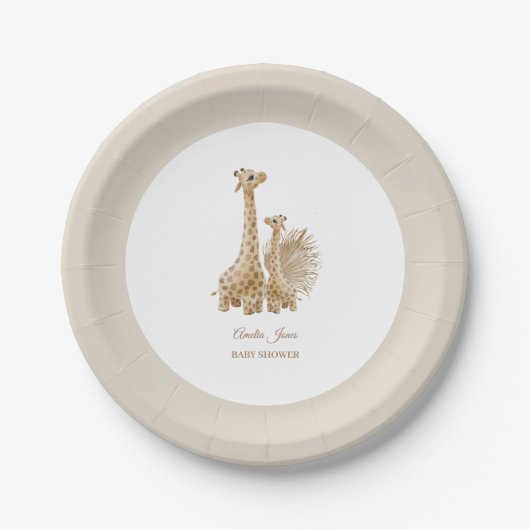 Neutral Boho Pampas Grass Giraffe Babydusche Pappteller (Vorderseite)