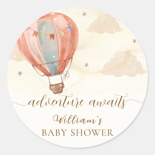 Neutral Boho Vintag Heißluftballon Babydusche Runder Aufkleber (Vorderseite)
