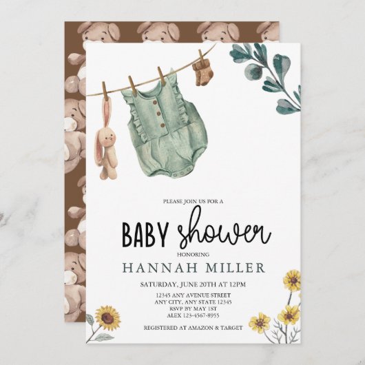 Neutral Boho | Wasserfarben-Babydusche Einladung (Vorne/Hinten)